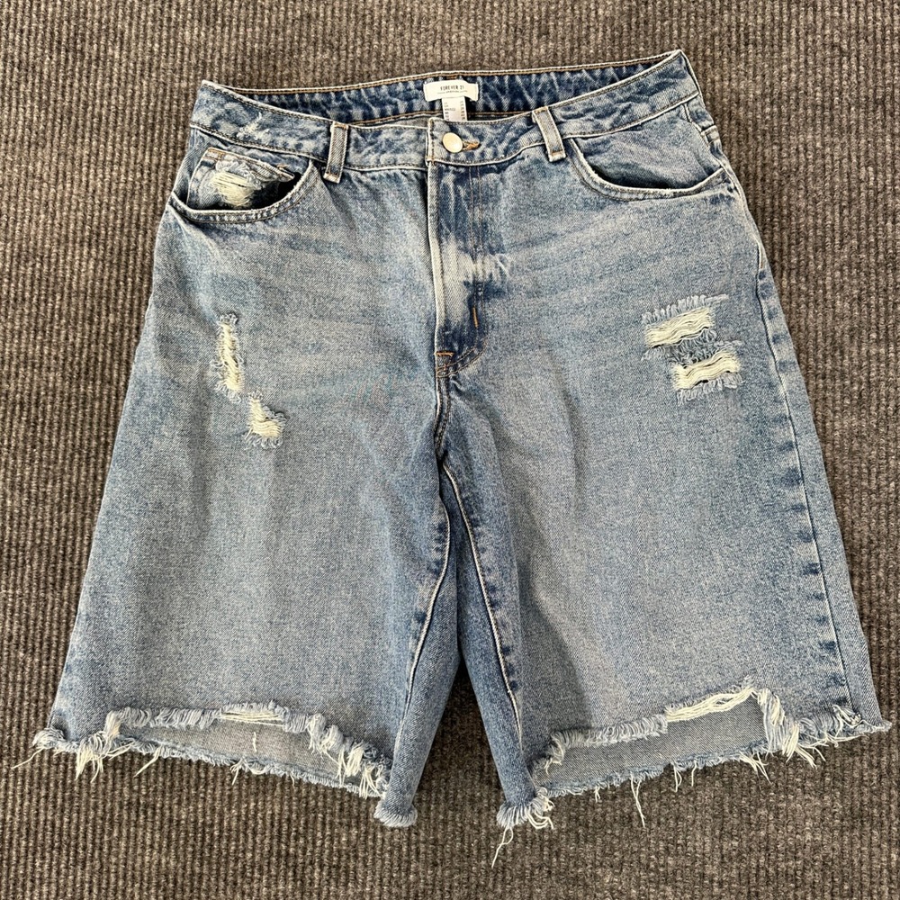 Forever 21 Premium Distressed Denim Bermuda Shorts 29 Light Wash High Rise Blue